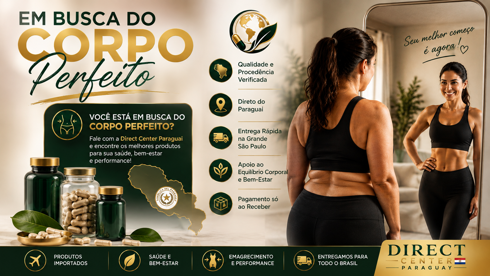 Composição Direct Center Paraguay: produtos importados em frascos verdes e dourados, mapa do Paraguai, selos de qualidade e procedência verificada e envio para todo o Brasil
