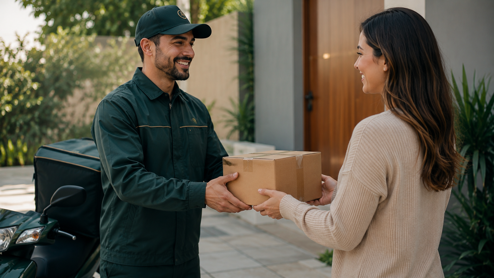 Entregador uniformizado em verde escuro sorrindo ao entregar uma embalagem discreta em mãos para uma cliente satisfeita, com moto de entrega verde ao fundo