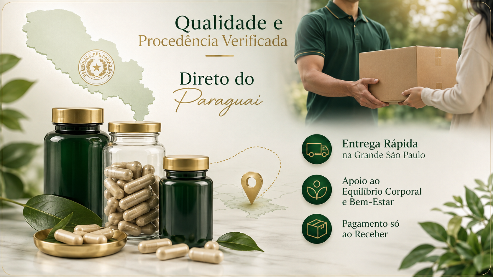 Composição com frascos e cápsulas em verde e dourado, mapa do Paraguai, selo de procedência e entrega de pacote, destacando qualidade verificada, entrega rápida na Grande São Paulo e pagamento na entrega
